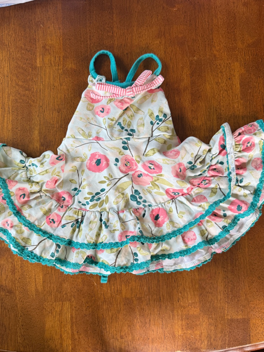 SweetHoney Pink Floral Ruffle Dress with Teal Trim